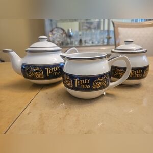 Vintage 1980s Tetley Teapot Set of 3,‎ Blue and Gold,  Creamer Sugar Accessories